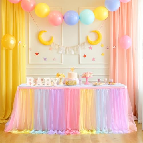 Suppromo Rainbow Table Skirt for Birthday Party 6ft Unicorn Tulle Tutu Table Skirt for Baby Shower Girl Boy Gender Reveal Rainbow Tablecloth Desk Skirt for Unicorn Party Decorations(L6(ft) H 30in) - Thumbnail 2