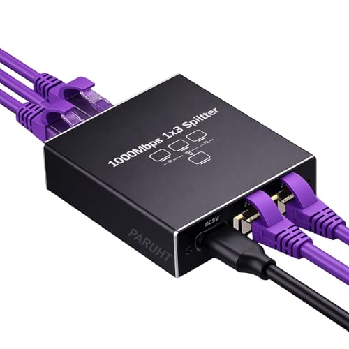 Image of Ethernet Splitter 1 to 3 Gigabit 1000Mbps - RJ45 LAN Network Adapter Hub with USB-C Power, Cat8 /Cat7 /Cat6 /Cat5e Compatible - Plug & Play Internet Cable Splitter for 3 Devices, Black ETHSP-1B3