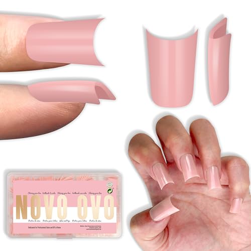NOVO OVO Short Duck Nail Tips 240Pcs - Solid Baby Pink Soft Gel Flare Duck Feet Nails for Wide Nail Beds, Thick Full Cover False Nail Press Ons, Pre-Shaped Y2K Style Manicure (15 Sizes)