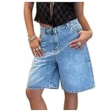 Women Y2K Baggy Denim Shorts Loose Mid Rise Cargo Long Jean Shorts Summer Wide Leg Distressed Carpenter Jorts