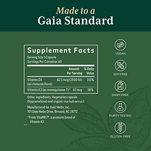 Gaia Herbs Pro Vitamin D3+K2 - Bone Health & Immune Support - Made with Vitamin D3 & Vitamin K2-60 Capsules (60 Servings)