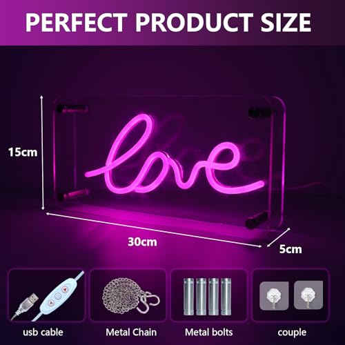 Image of ENUOLI Love Neon Sign USB Powered Neon Love Signs Dimmable LED Pink Love Signs Acrylic for Home Bedroom Bar Party Wall /Table Art Decoration Party Night Light Birthday Gift