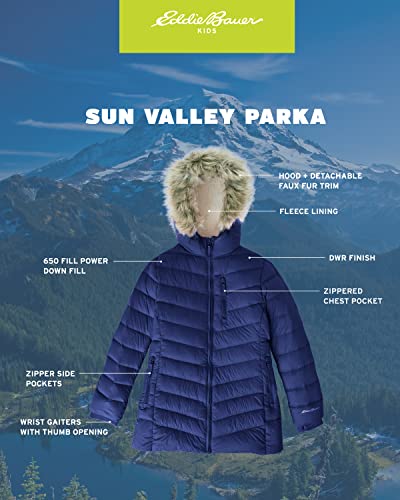 Eddie Bauer Girl's Sun Valley Parka Coat, Down Jacket With Fur Hood, Size 7/8, Navy #TOP1