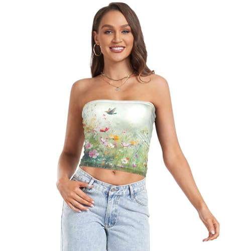 Camisetas cortas de tubo para mujer, diseño de flores silvestres y coloridas y bonitas con pájaros, tops de tubo traslúcidos, tops de tubo de verano (S), Coloridas flores silvestres y pájaros lindos