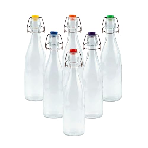 simpa Vintage Style Clear Glass Bottles with Assorted Colour Swing Top Lids. Round 500ml Bottles - Set of 6