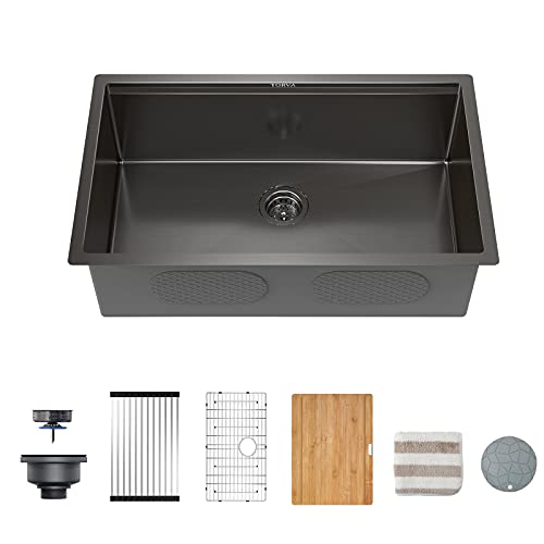 Torva 32-Inch Gloss Black Workstation Undermount Single Bowl Kitchen Sink, 16 Gauge Stainless Steel With Pvd Coated Gunmetal Sink, Nanotek Sink With Bamboo Cutting Board And Drain Tray(Dark Gray) #TOP1