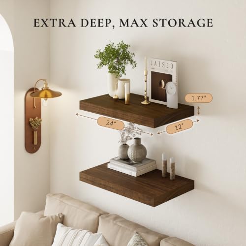 Image of 24 inch Extra Deep Floating Shelves, Set of 2, Walnut Wood | 24 inchL x 12 inchD x 1.8 inchH, Set of 2, Solid Paulownia Wood, Walnut Finish, Hidden Brackets, Hardware Included