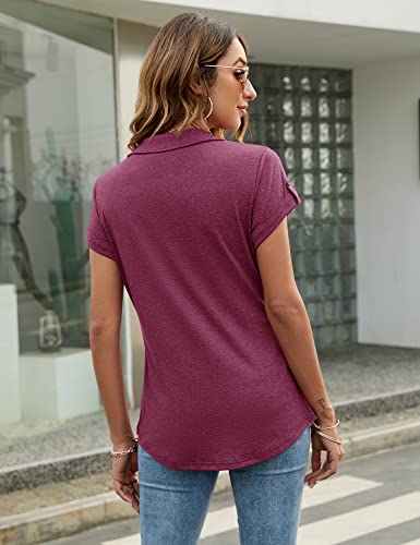Micoson Women's Short Sleeve Collared Shirts Summer Tunic Tops For Work Casual Blouse Wine Red,2Xl #TOP4