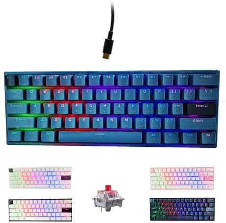 ONE-UP Portable 60% Mechanical Gaming Keyboard, LED Backlit Compact 61 Keys Mini Wired Office Keyboard with Red Switch, for Windows Laptop PC Mac – Black/Grey（Pale Blue）【Red Swich】