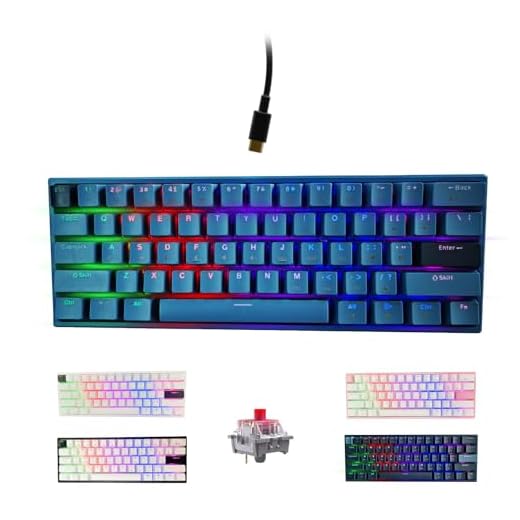 ONE-UP Portable 60% Mechanical Gaming Keyboard, LED Backlit Compact 61 Keys Mini Wired Office Keyboard with Red Switch, for Windows Laptop PC Mac - Black/Grey（Pale Blue）【Red Swich】