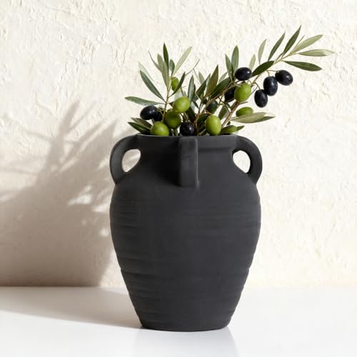 Handmade Flower Vase, 8.2" Rustic Terracotta Vase with 4 Handles, Vintage Ceramic Flower Vase, Matte Black Ear Pot for Entryway, Table, Shelf, Living Room, Fireplace, Home Decor (Clear Black)