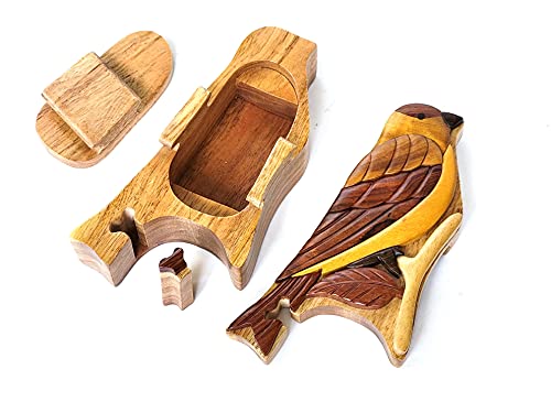 South Asian Handicrafts Goldfinch Bird - Intarsia Wood Puzzle Box - Handcrafted With Secret Compartment #TOP1