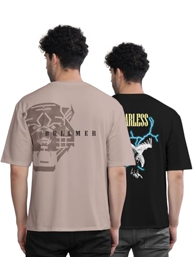 Image of BULLMER Trendy Front and Back Printed Oversized Round Neck T-Shirt for Men - Pack of 2