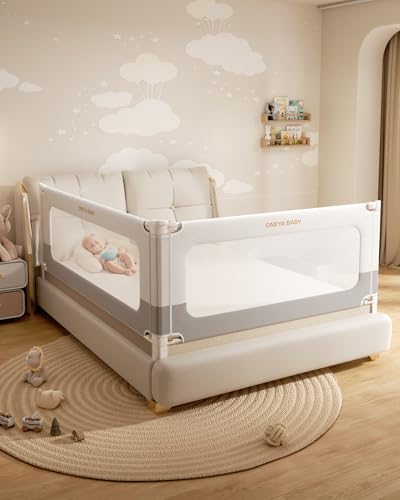 2 Piece Bed Rails for King Size Bed, No-Drill Needed Baby Bed Rail Guard for Toddlers with Height Adjustable, Thickened Child Safety Side Railing Guards/Bedrail for Kids, White/Grey, 74.8x78.7Inches