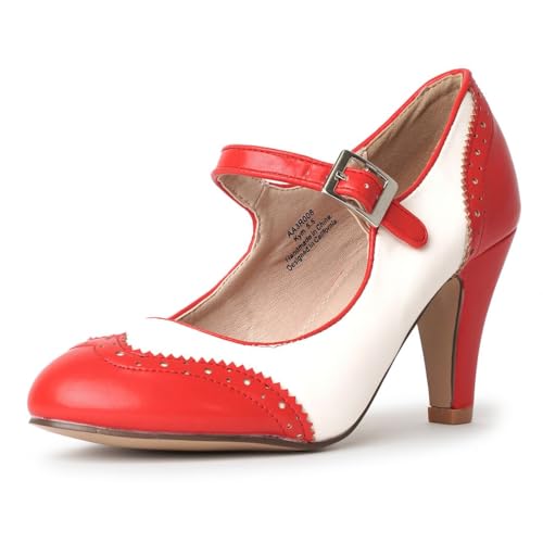 J. Adams Kym Mary Jane Shoes Women Oxford Pumps - Cute Low Kitten High Heels - Retro Vintage Shoes for Women 1950s Mary Janes Round Toe Shoe with Ankle Strap