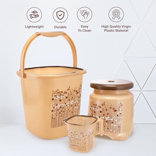 Image of Nayasa Square Ring Funk Plastic Bathroom Bucket Set with Mug & Stool | 18 Liters Bucket + 1.5 Liters Mug | Set of 3 | Brown