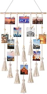 Mkouo Hanging Photo Displays Board Macrame Wall Hanging Picture Organizer with 30 Wood Clips Boho Decor for Home, Living Room, Bedroom, Ivory White, 108cm(L) × 43cm(W)