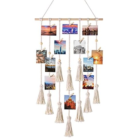 Mkouo Hanging Photo Displays Board Macrame Wall Hanging Picture Organizer with 30 Wood Clips Boho Decor for Home, Living Room, Bedroom, Ivory White, 108cm(L) × 43cm(W) Cover