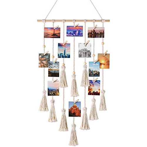 Mkouo hangende Foto-Display Makramee Wandbehang Bilder Veranstalter Home Decor with 30 Wood Clips, 108cm (L) x 43cm (W)