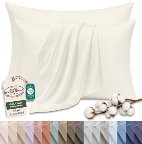Image of Royale Linens 100% Cotton Pillow Cases Standard Size Set of 2 - Percale Pillowcase - Ivory Pillow cases Super Soft Cooling & Breathable Hotel Cotton Pillowcases, Fits Standard Pillows (20 inchx26 inch, Ivory)
