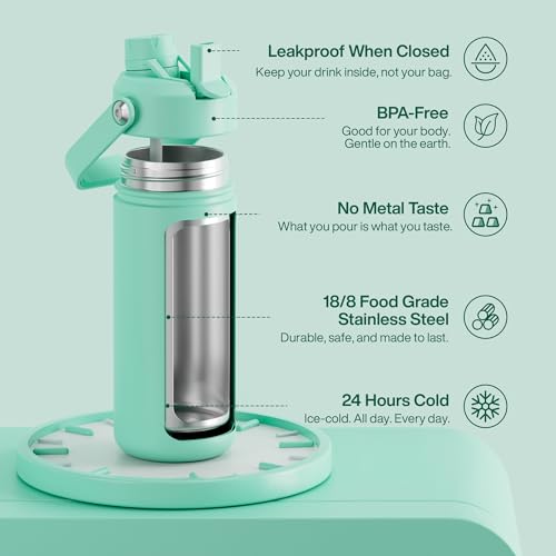 Image of ENCOOL Insulated Water Bottle with Straw Stainless Steel Water Bottle, Leak-Proof, BPA-Free, Double Wall Vacuum Keeps Cold for 24 Hours for Sports, Travel, School (18 oz, Brook Green)