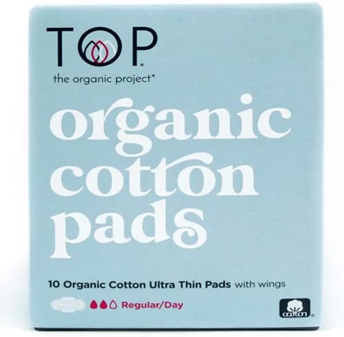 TOP: Certified Organic 100% Cotton Ultra Thin Regular (Day) Absorbent Pads w/Wings | Non-Toxic, Biodegradable (Natural Sanitary Napkin, Breathable, Unscented, Feminine Hygiene), 10 Ct