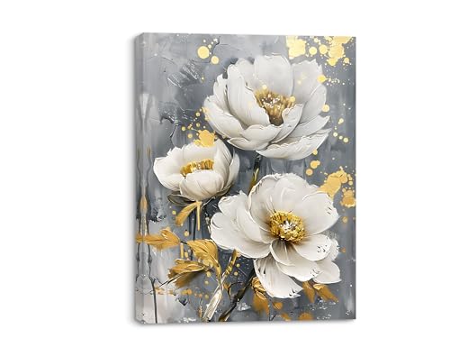 Piy Painting Tableau sur Toile Fleurs blanches, Impression sur Toile Florale, Tableau Decoration Murale, Peinture à l’huile Image de fleur pour Salon Chambre Salle de...