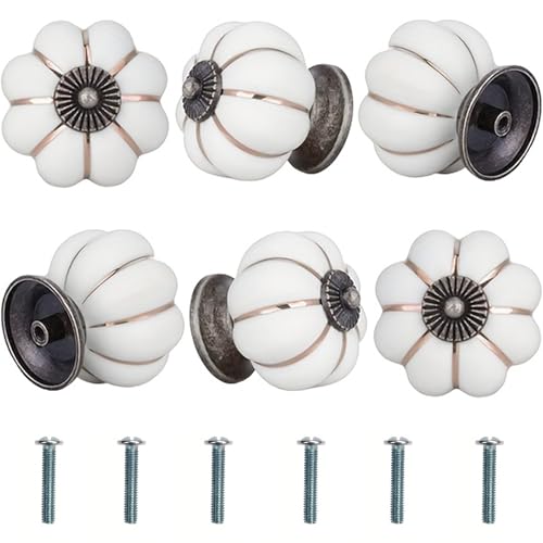 Bikasun 6 pomos para muebles con forma de calabaza, blancos, pomos vintage de cerámica, pomos para armarios con tornillos, tiradores para cajones de armarios, cómodas