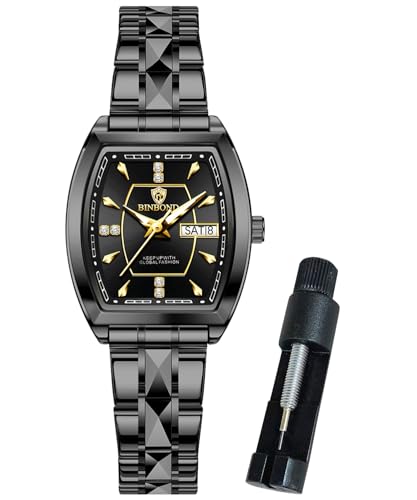Image of BINBOND Square Watches for Women Analog Quartz Day Date Ladies Wrist Watch Diamond Stylish Stainless Steel Dress Womens Watch Elegant Luminous Waterproof