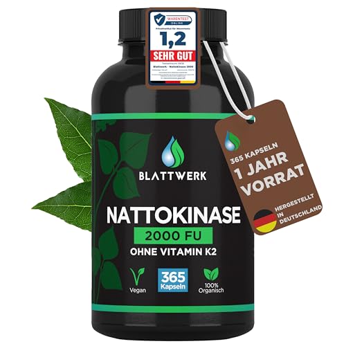 Nattokinase 2000 FU - JAHRESVORRAT - 365 Nattokinase Kapseln je 100mg (20.000 FU/g) - Deutsche Herstellung - Nattokinase hochdosiert - Natto aus Soja - 100% Vegan - Laborgeprüft - BLATTWERK