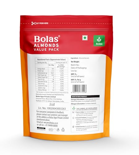 Image of Bolas California Almonds Value Pack 500g | Badam Giri | High in Fiber | Rich in Protein, Magnesium & Dietary Fibre | Nuts & Dry Fruits