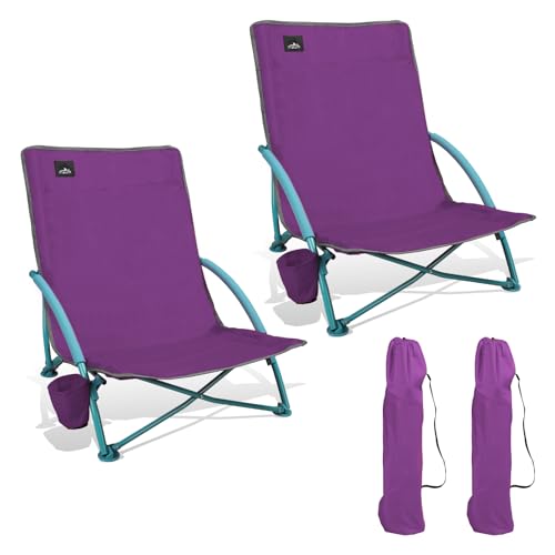 Northroad 2 Pack Low Folding Beach Chair,Portable Lightweight Lowback Sling Chair, Outdoor Low Seat Camping Chair w/Cup Holder & Carry Bag for Sand Camping Lawn Picnic Festival,Purple
