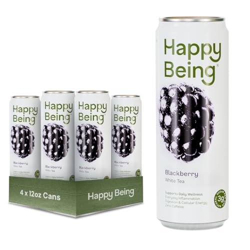Image of Happy Being Blackberry White Tea - Antioxidant & Polyphenol Rich, Infused with Turmeric, Elderberry, Plant-Based, Low Sugar & Low Calorie Drinks, 12oz (4 Pack)