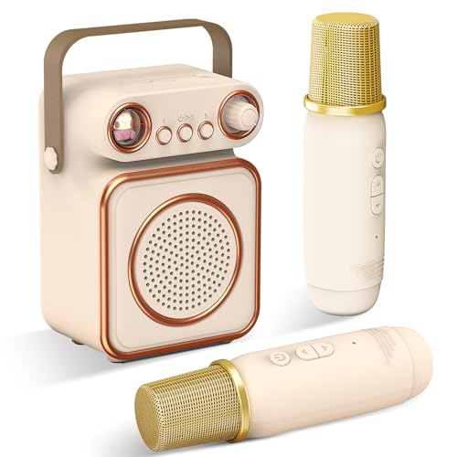 Qoosea Mini Karaoke Machine with 2 Wireless Microphones Portable Bluetooth Microphone with Speaker for Kids and Adults Speaker with Light Birthday Gifts for Girls Ages 4~12+ Years Old (Beige)