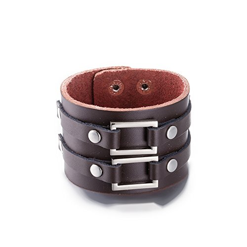 Pulsera unisex Styleziel de cuero auténtico, ancha, vintage, marrón y negra, ajustable, 2145