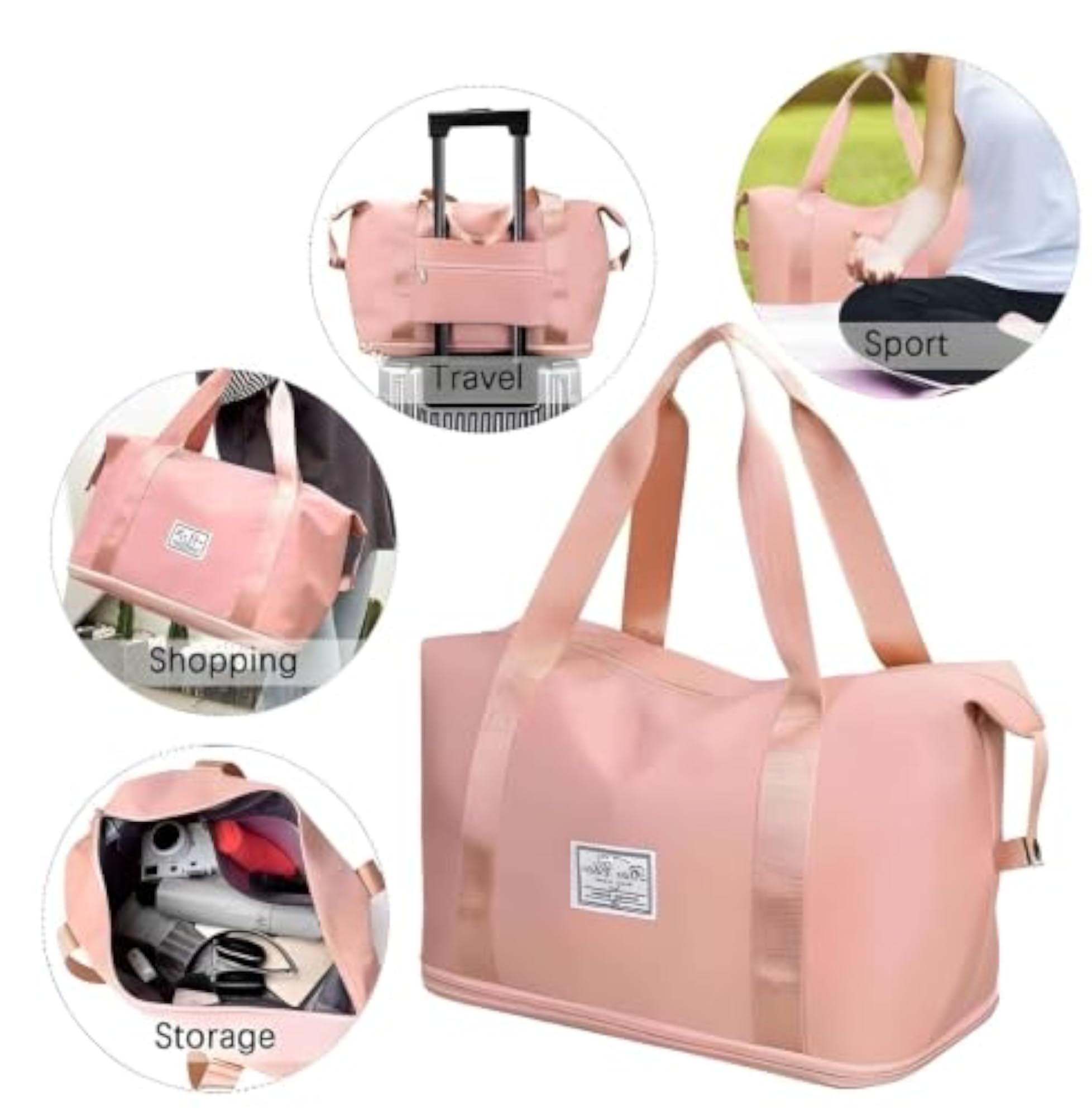 Travel Duffle Bag for Women, Foldable Waterproof Hand Bag Pink