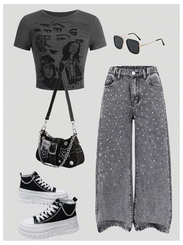 WDIRARA Girl's Sparkly Rhinestone Baggy Jeans High Waisted Washed Wide Leg Denim Pants3