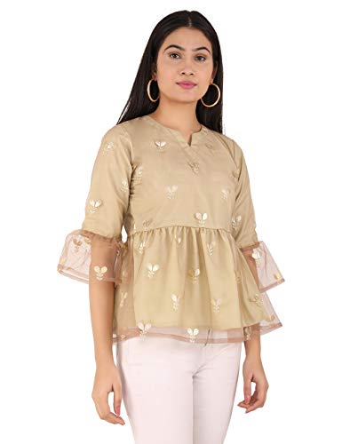 Image of UNFAKENOW Women Trendy Indo Western Casual wear Stylish Going Out Peplum Cotton top Ladies Floral Print Ruffled Plus Size Party net Tunic Long Bell Sleeve Pleated Fancy Nice top
