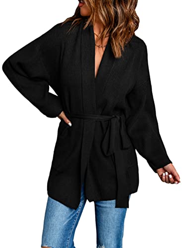 Dokotoo Gilets Long Cardigan Pull Femme Manches Longues Veste sans Bouton Ouvert Manteau d'hiver avec Ceinture Poches Épais Tricot Outwear Chaud Le Noir XL