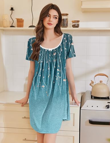 Image of Ekouaer Nightgowns for Women Pleated Sleep Shirts Short Sleeve Night Shirts Lace Trim Night Gown Ladies Sleep Dress