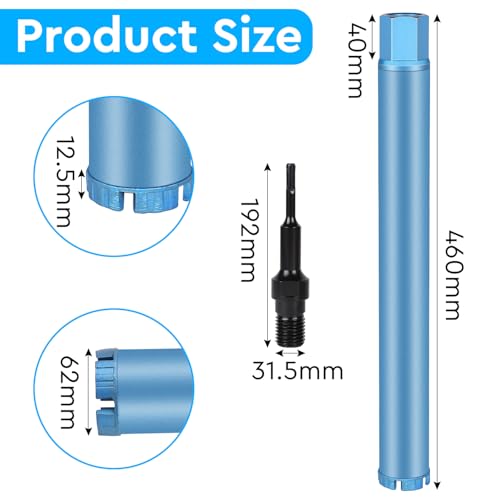 CPROSP 1¼ UNC Kernbohrer Ø 62mm L 460mm, Bohrkrone mit SDS PLUS Adapter, Kernbohrkrone für Bohren in Beton, Stahlbeton, Mauerwerk und Stein, für Kernbohrgerät, Blau