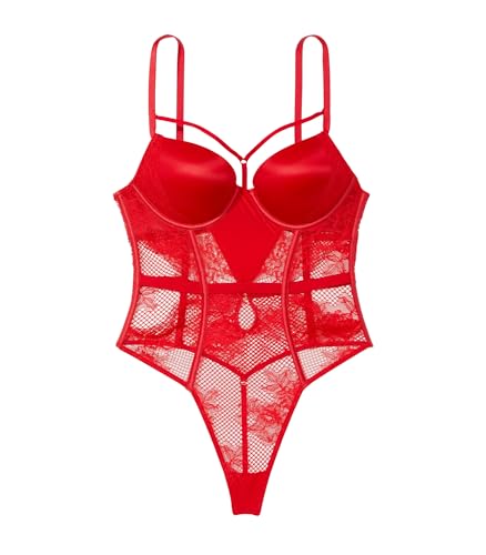 Victoria's Secret Bombshell Fishnet Floral Teddy, Push Up, Lace Fabric, Women's Lingerie, Very Sexy Collection, Red (L)
