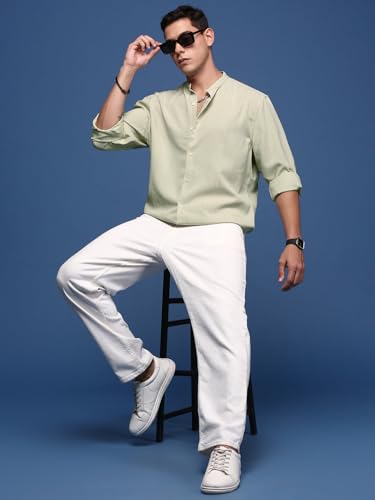 Image of SHOWOFFFF Men Solid Casual Shirt | Mandarin Collar Full Sleeves Cotton Shirt for Mens | Slim Fit Regular Length Shirt for Men's
