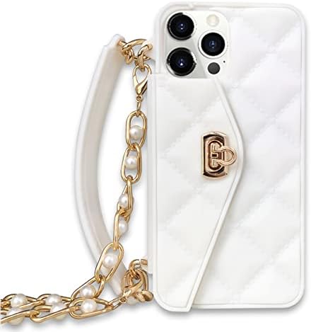 Jicekry Compatible with iPhone 14 Pro Crossbody Wallet Case with Strap Card Holder Lanyard Neck Wrist Strap for Girls Women Cute Purse Handbag Case Luxury Fashion Girly Protective Phone Case White