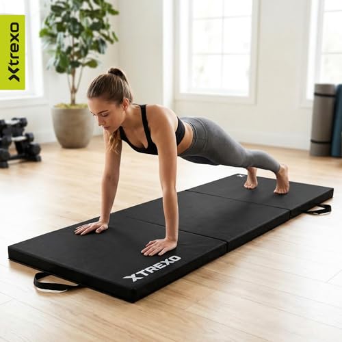 TREXO Faltbare Turnmatte 180x60x5 cm – Gymnastikmatte aus Kunstleder mit 3 Segmenten – 5 cm dicke Polsterung – für Fitness, Schule & Home Training (Schwarz)