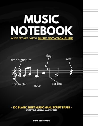 Music Notebook Wide Staff with Music Notation Guide: 100 Blank Sheet Music Manuscript Paper | 6 Staves Per Pages | Write Your Musical Masterpieces