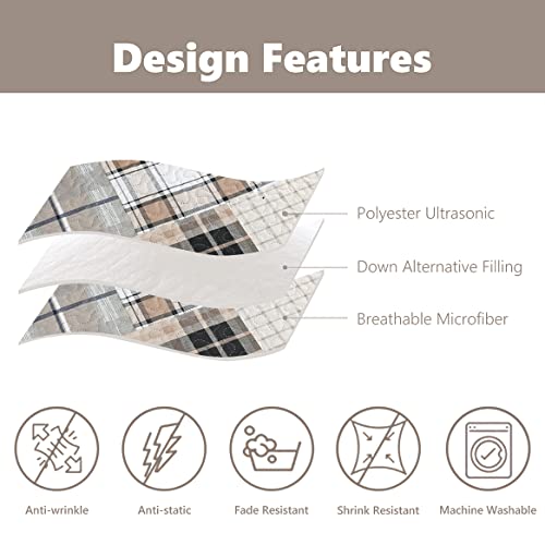 3 Pcs Plaid Quilts Queen Size Brown Tan Gray Queen Quilt Bedding Set Checked Bed Spreads Lightweight Plaid Patchwork Coverlet Quilt Queen Size Gingham Bedding Sets Summer Quilt 1 Quilt, 2 Pillow Shams #TOP5