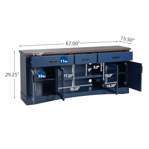 Christopher Knight Home Diver Modern 67 Inch TV Stand for TV up to 65 inch, TV Entertainment Center with Storage Adjustable Shelf+Drawer, Wooden TV Console Table with Storage for Living Room, Blue by Christopher Knight Home - Used condition - Image 3