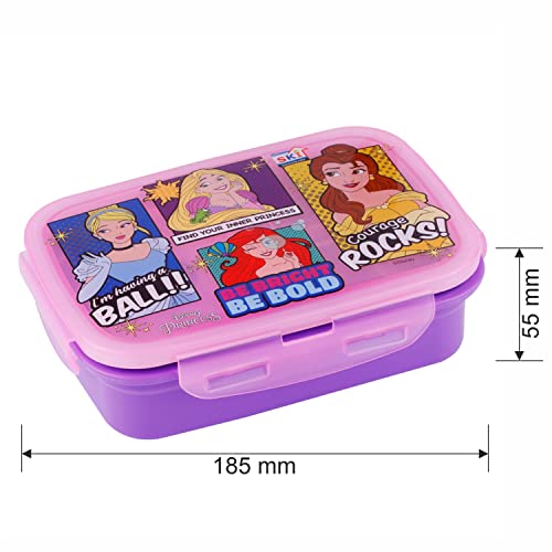 Image of SKi Homeware SnapLock Lunch Box for Kids with Stainless Steel Removable Inner Container +125ml dabbi + Spoon | Leak Resistant | Genuine Character Merchandise | Perfect for Birthday Gifts - Princess