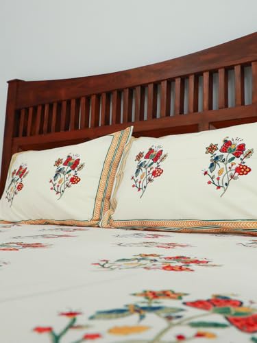 Image of Vasant Premium Hand Block Printed Bedsheet | Bed Spread Flatsheet Bed Sheet | Pure Cotton | Double Bed Queen Size 90 inchx108 inch | 300 TC Long Staple Cotton | 2 Pillow Covers | Floral Print